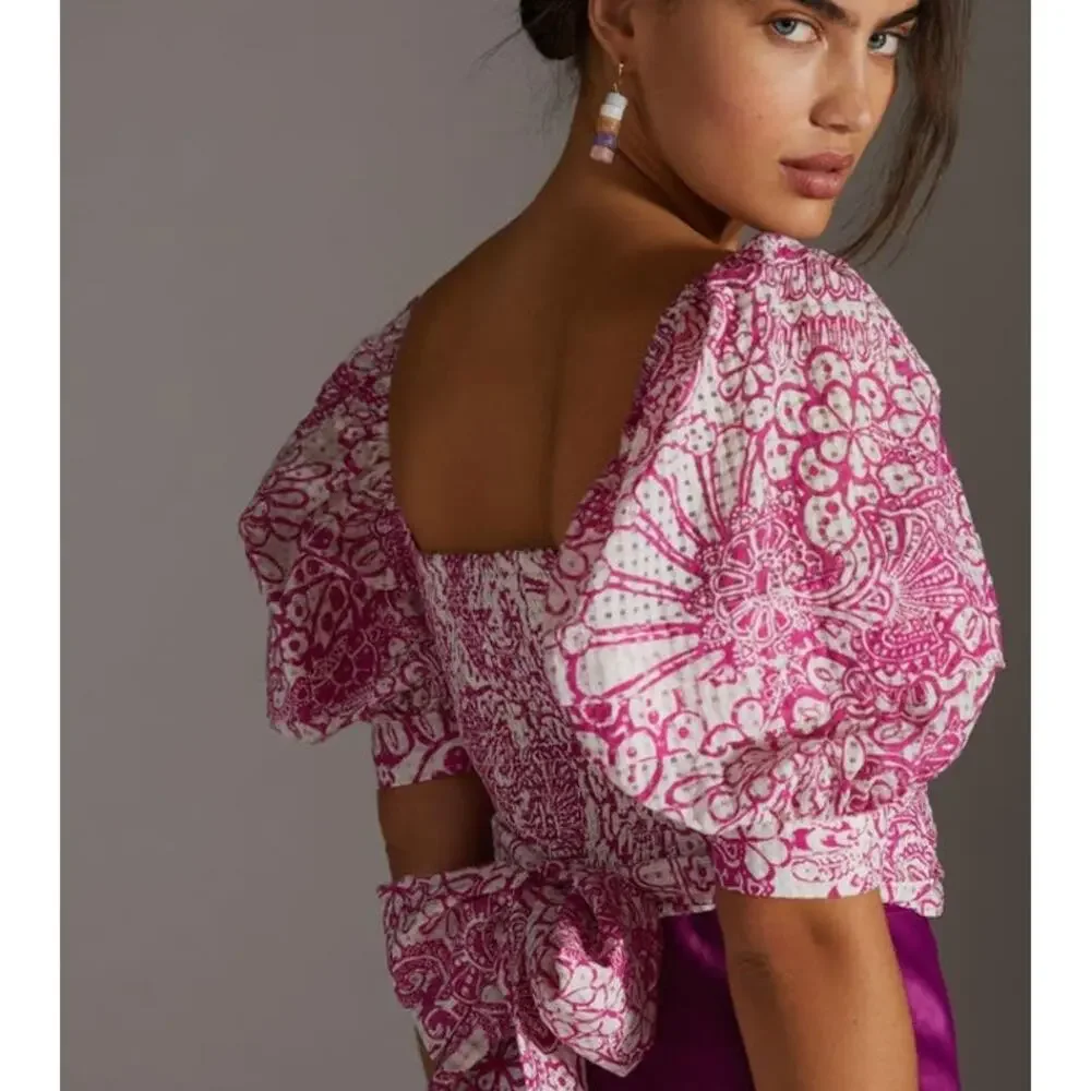 Anthropologie Maeve Cropped Top Puff Sleeve Womens Sz XXSP XXS Petite Pink White